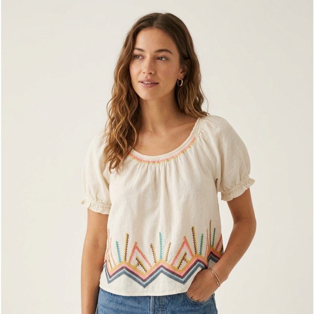Ivy Jane Peasant Blouse Top Womens M Cream Chevron Embroidered Boho Short Sleeve